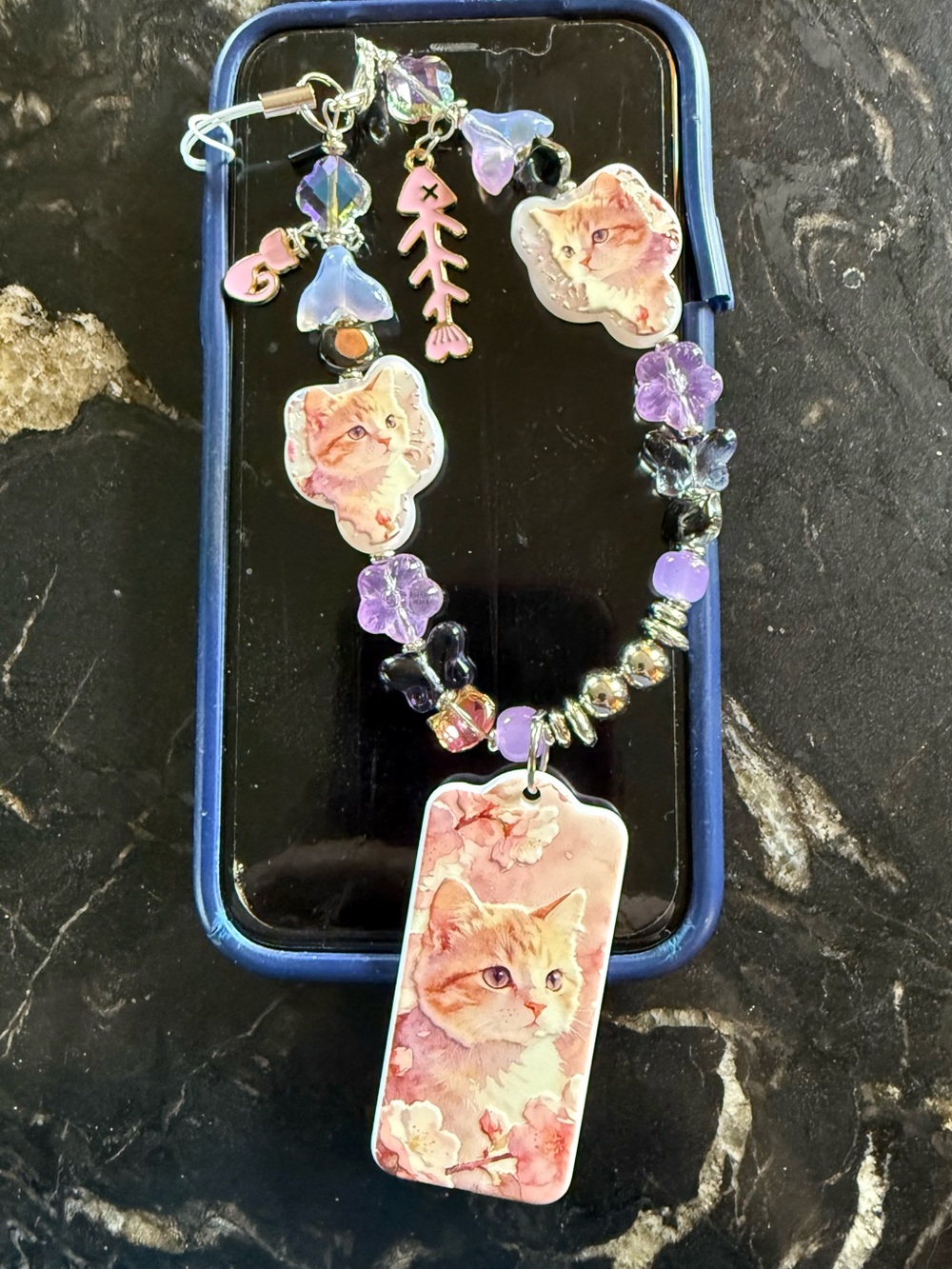 Kitten Phone Charm in Pink and Gold accents